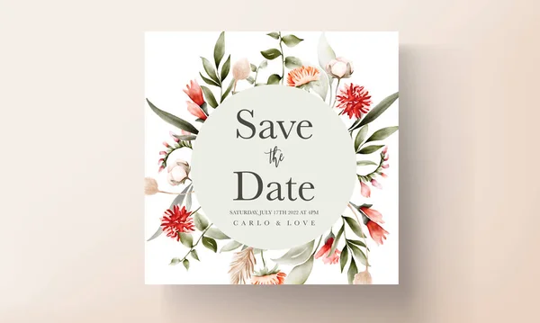 Belle Fleur Feuilles Aquarelle Carte Invitation Mariage Avec Couleur Boho — Image vectorielle