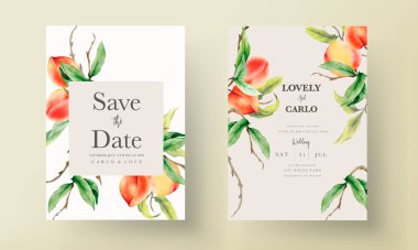 Elle çizilmiş şeftalili güzel düğün davetiyesi suluboya