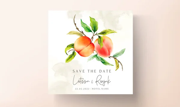 水彩桃のフルーツと緑の葉の手描きのウェディング招待状 — ストックベクタ