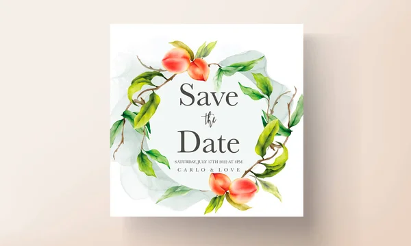 Όμορφη Πρόσκληση Γάμου Κάρτα Ζωγραφισμένα Στο Χέρι Ροδάκινα Ακουαρέλα — Διανυσματικό Αρχείο