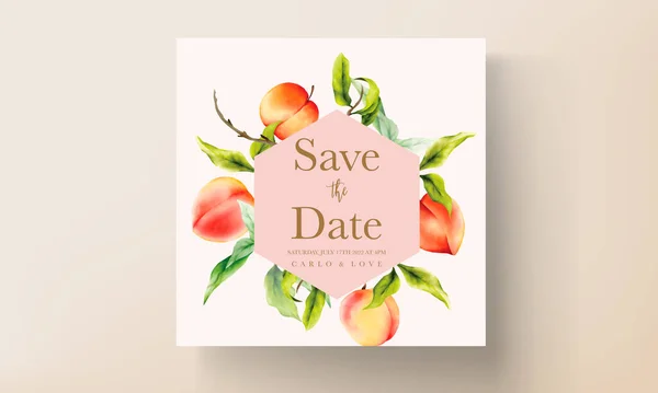 Όμορφη Πρόσκληση Γάμου Κάρτα Ζωγραφισμένα Στο Χέρι Ροδάκινα Ακουαρέλα — Διανυσματικό Αρχείο
