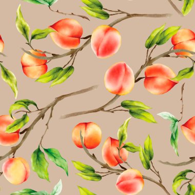 Çiçeksiz desenli, elle çizilmiş şeftalili suluboya.