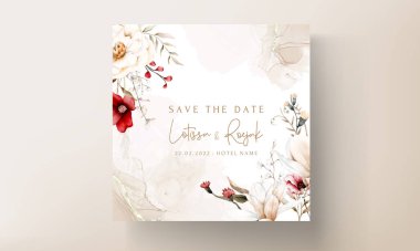 Kurumuş çiçek ve bordo çiçekli zarif bir düğün davetiyesi.