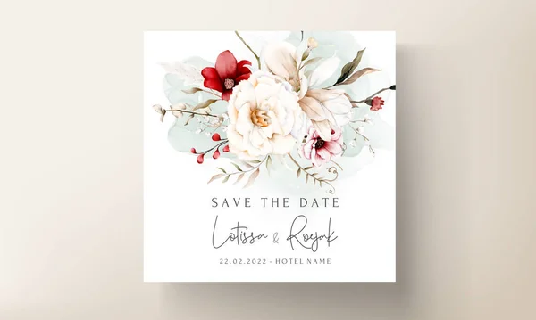Elegant Boho Wedding Invitation Card Dried Floral Maroon Flower — Stock Vector