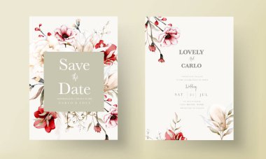 Güzel suluboya düğün davetiyesi. Zarif bohem çiçekleri ve yaprakları var.