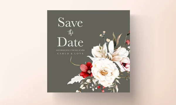 Gyönyörű Akvarell Esküvői Meghívó Kártya Elegáns Bohém Virág Lombozat — Stock Vector