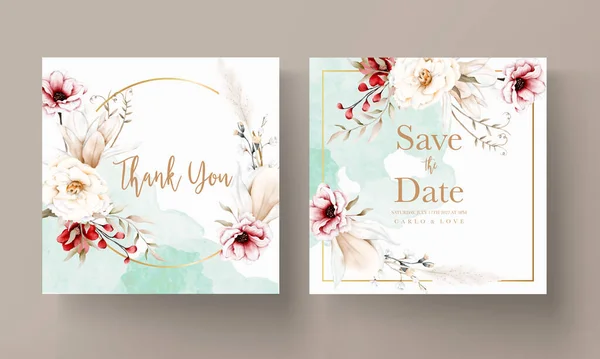 Beautiful Watercolor Wedding Invitation Card Elegant Bohemian Flower Foliage — Stock Vector