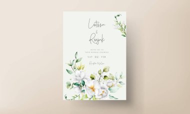 Yeşillik yaprakları ve beyaz çiçeklerle suluboya düğün davetiyesi