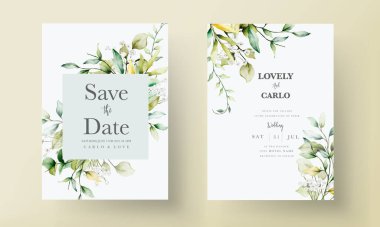 Yeşillik yaprakları ve beyaz çiçeklerle suluboya düğün davetiyesi