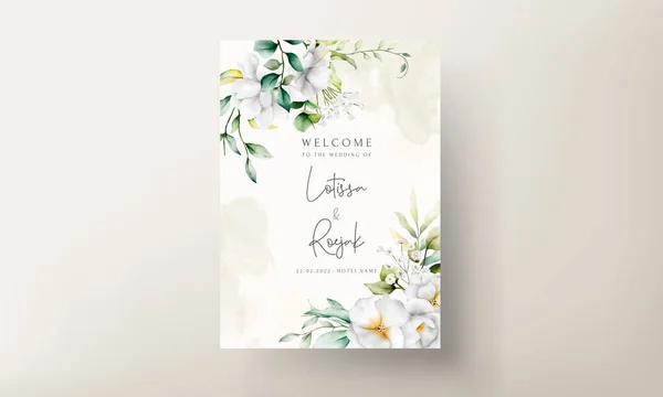 stock vector beautiful watercolor wedding invitation with  greenery leaves and white flower