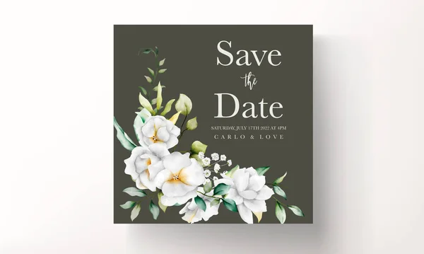 Gyönyörű Akvarell Esküvői Meghívó Zöld Levelek Fehér Virág — Stock Vector