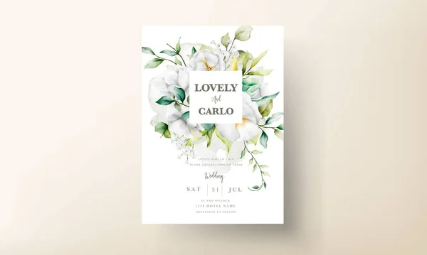 Piękne Akwarelowe Zaproszenie Ślubne Liśćmi Zieleni Białym Kwiatem — Wektor stockowy