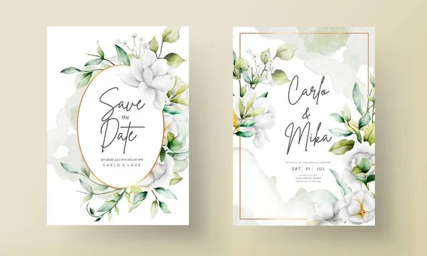 Όμορφη Ακουαρέλα Γαμήλια Πρόσκληση Φύλλα Πρασίνου Και Λευκό Λουλούδι — Διανυσματικό Αρχείο