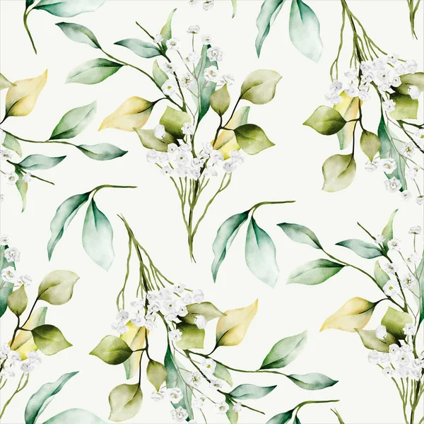 Stock vector beautiful watercolor floral seamless pattern with  greenery leaves and white flower