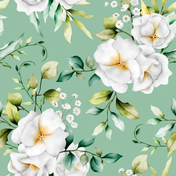 Красивый Акварельный Цветочный Бесшовный Узор Зелеными Листьями Белым Цветком — стоковый вектор