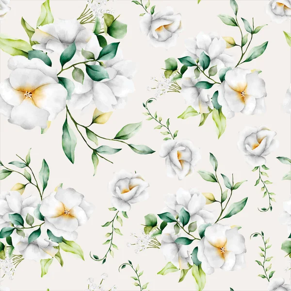 美丽的水彩花无缝图案 绿叶白花 — 图库矢量图片