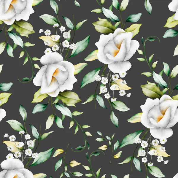 Gyönyörű Akvarell Virágos Zökkenőmentes Minta Zöld Levelek Fehér Virág — Stock Vector