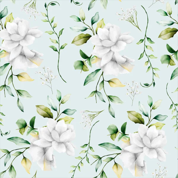 緑の葉と白い花で美しい水彩の花のシームレスなパターン — ストックベクタ