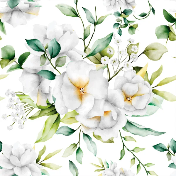 Красивый Акварельный Цветочный Бесшовный Узор Зелеными Листьями Белым Цветком — стоковый вектор