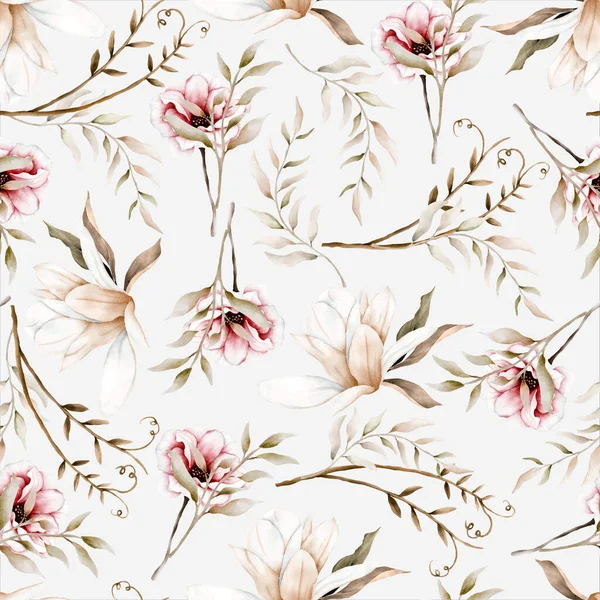 Elegante Patrón Floral Sin Costuras Con Hojas Ornamento Acuarela — Archivo Imágenes Vectoriales