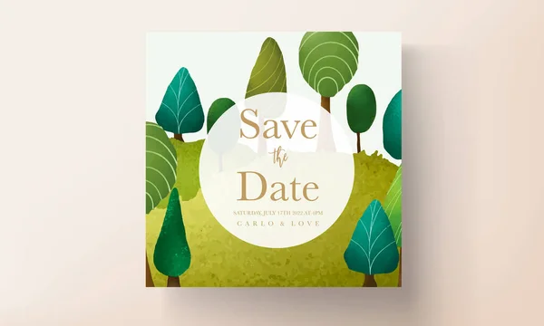 Bela Mão Desenhada Paisagem Verde Árvore Modelo Cartão Convite —  Vetores de Stock