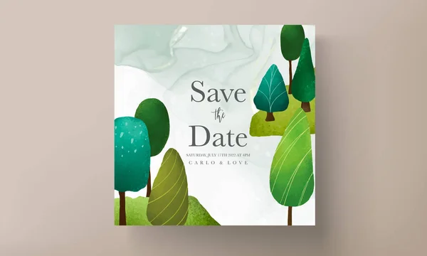 美しい手描きの緑の風景と木の招待状テンプレート — ストックベクタ