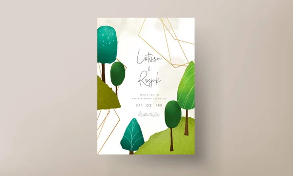 Schöne Handgezeichnete Grüne Landschaft Und Baum Einladungskarte Vorlage — Stockvektor