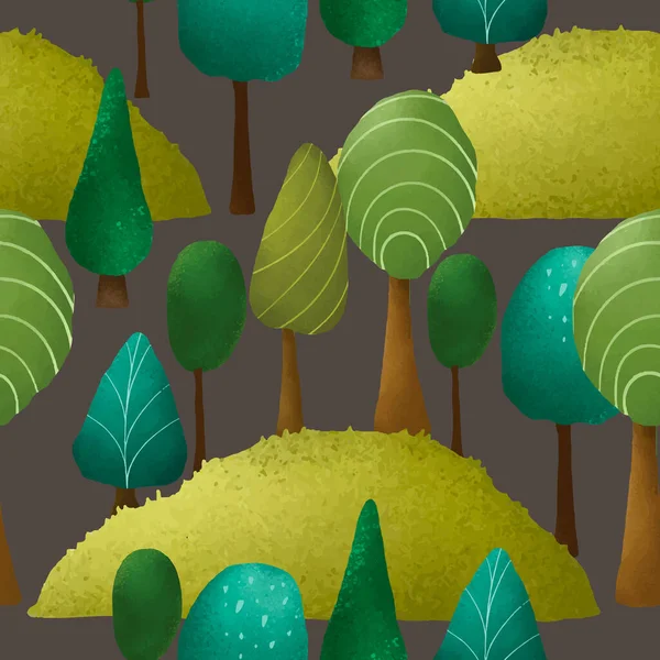 Schöne Handgezeichnete Grüne Landschaft Und Baummuster — Stockvektor