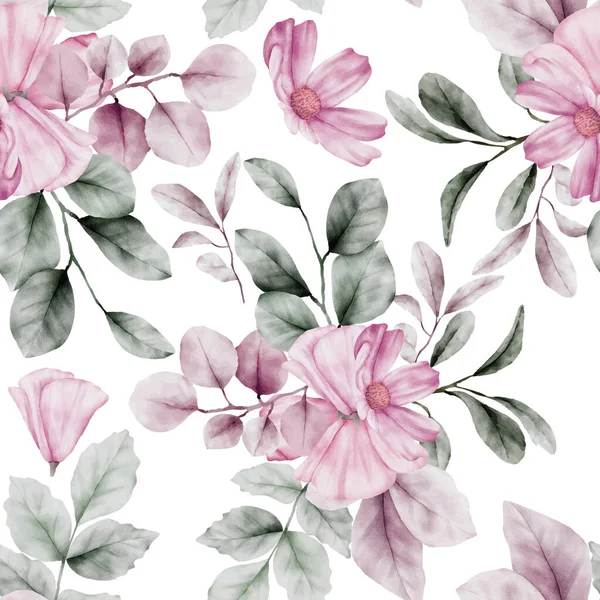 Belle Aquarelle Fleur Pourpre Vert Laisse Motif Sans Couture — Image vectorielle