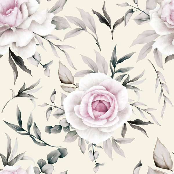 vintage roses flower and leaves watercolor seamless pattern