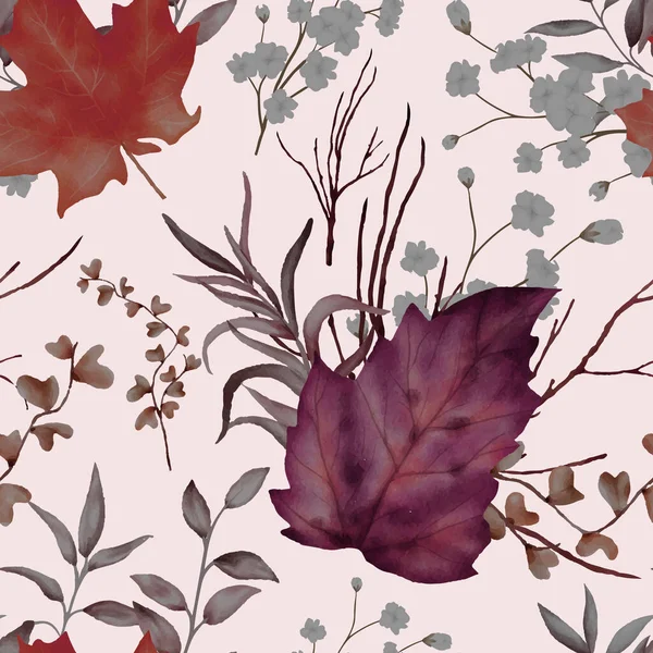 Красивые Сухие Листья Акварелью Бесшовный Узор — стоковый вектор