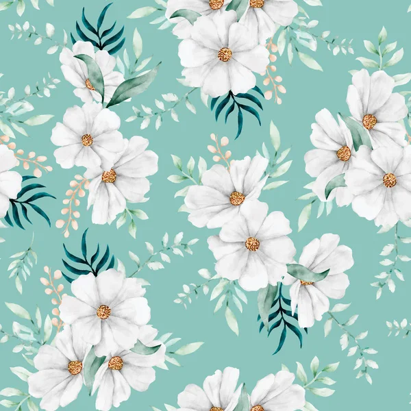 Elegant Watercolor Tosca Floral Seamless Pattern — Stock Vector