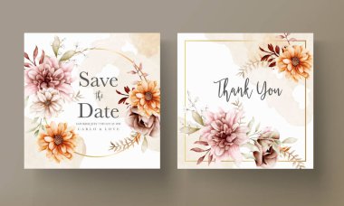 Suluboya sonbahar çiçeği ve düğün davetiyesi şablonu bırakır