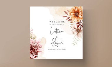 Suluboya sonbahar çiçeği ve düğün davetiyesi şablonu bırakır