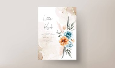 Set of elegant wedding invitation card hand drawn watercolor flowers and pumpkin