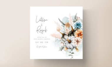 Set of elegant wedding invitation card hand drawn watercolor flowers and pumpkin