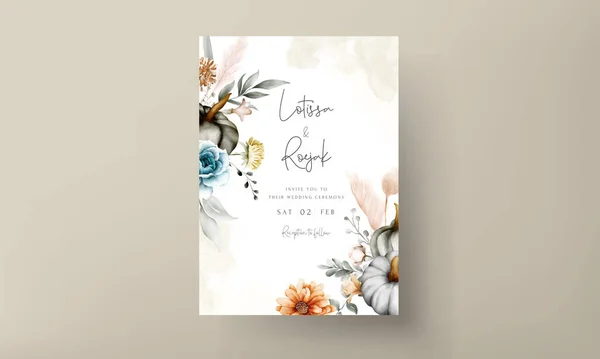 Set Elegant Wedding Invitation Card Hand Drawn Watercolor Flowers Pumpkin — Vetor de Stock