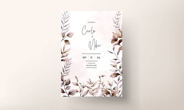 elegant hand drawn watercolor leaves wedding invitation template