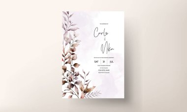 elegant hand drawn watercolor leaves wedding invitation template