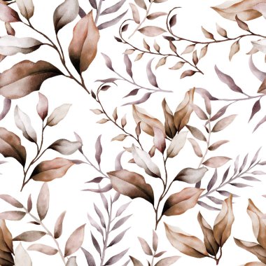 seamless pattern with hand drawn watercolor brown leaves