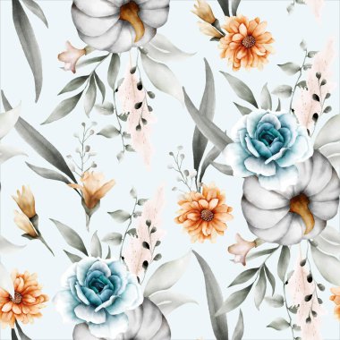 beautiful flower and pumpkin watercolor seamless pattern