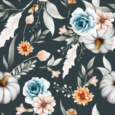 beautiful flower and pumpkin watercolor seamless pattern