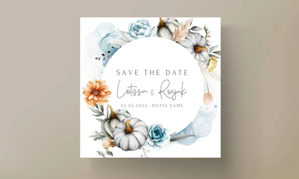 Vintage wedding invitation with beautiful flower and pumpkin — Illustration Vintage Wedding Invitation Beautiful Flower Pumpkin — Stock Vector