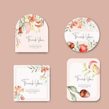 Elmalı ve mantarlı suluboya çiçek etiketi