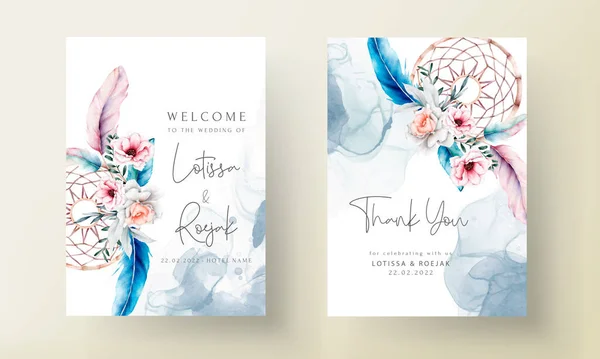 美しい花と夢のキャッチャー招待カードテンプレート — ストックベクタ