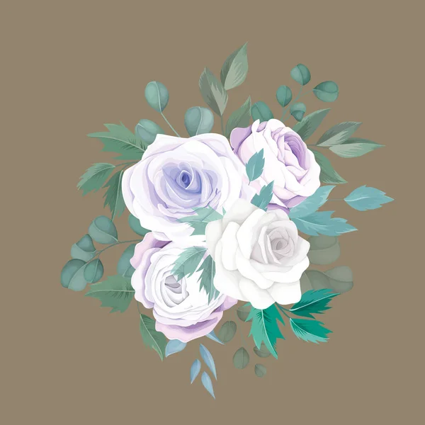 Belles Fleurs Bouquet Roses Feuilles Eucalyptus — Image vectorielle