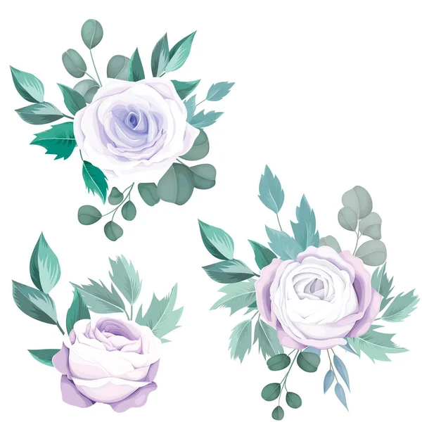 Belles Fleurs Bouquet Roses Feuilles Eucalyptus — Image vectorielle