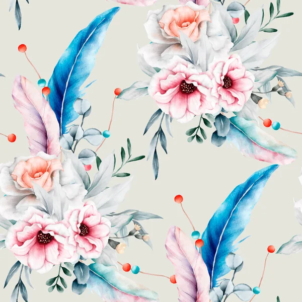 美しい花とドリームキャッチャーシームレスなパターン — ストックベクタ