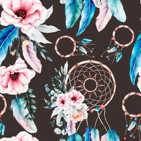 美しい花とドリームキャッチャーシームレスなパターン — ストックベクタ