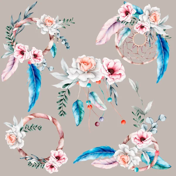 Belle Illustration Bouquet Fleurs Attrape Rêves — Image vectorielle